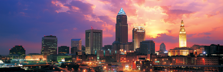 skyline of downtown Cleveland at sunset